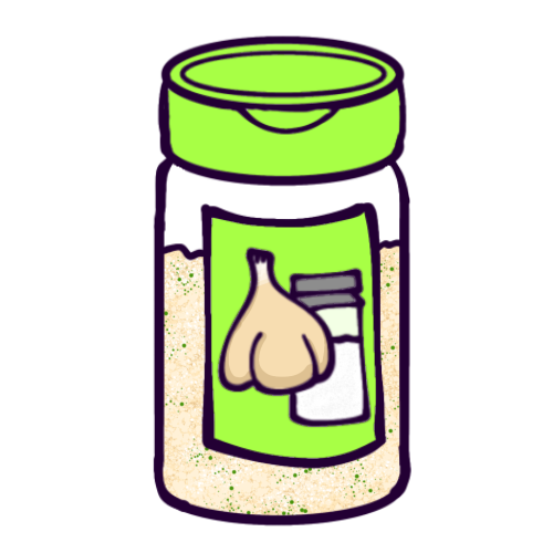 A drawing of a bottle of garlic salt. It is a clear bottle full of light beige powder with a green cap and a sticker with a picture of a head of garlic and a salt shaker.